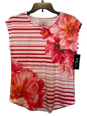 ECLA Pink Floral Stripe Cap-Sleeve Top Summer Casual Lightweight Size PS